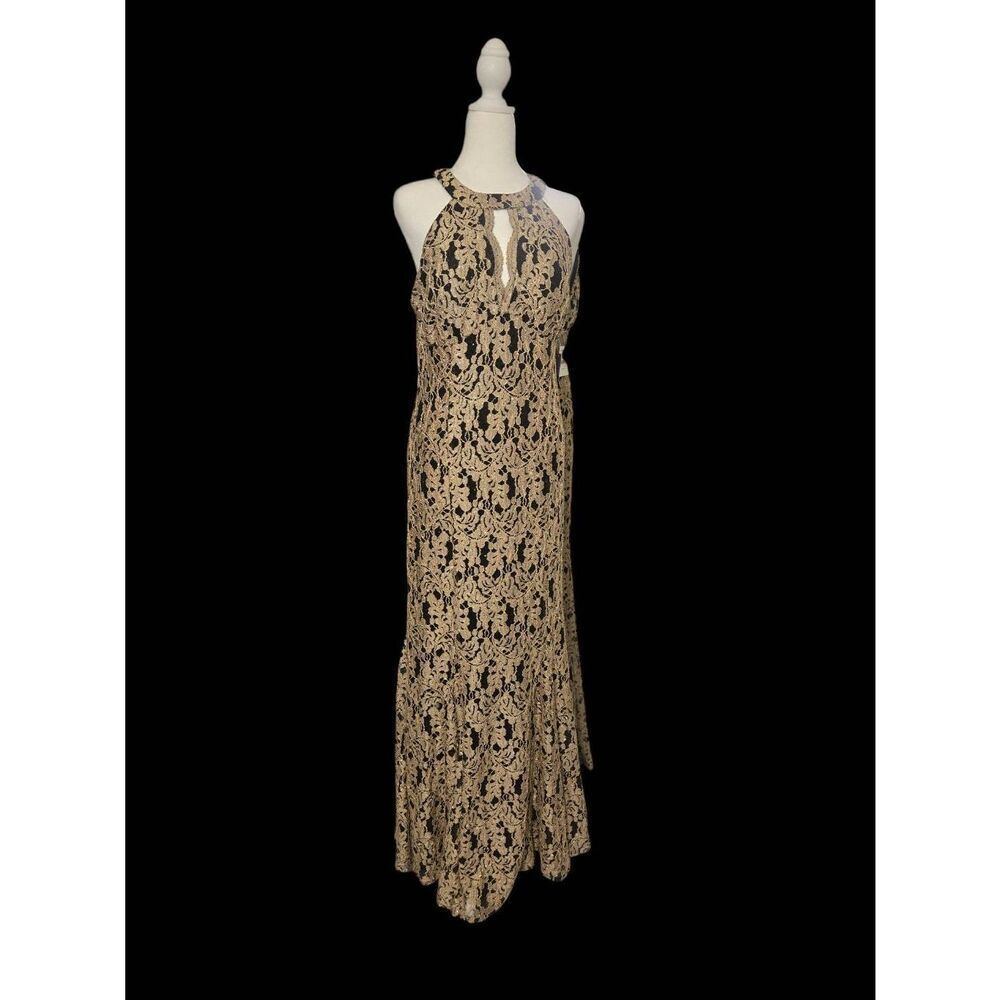 Nightway Women's Size 14 Black/Gold Lace/Brocade Trumpet/Mermaid Gown